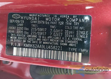 2020 Hyundai Kona Sel Plus z USA, uszkodzony, nr VIN KM8K62AA9LU458221